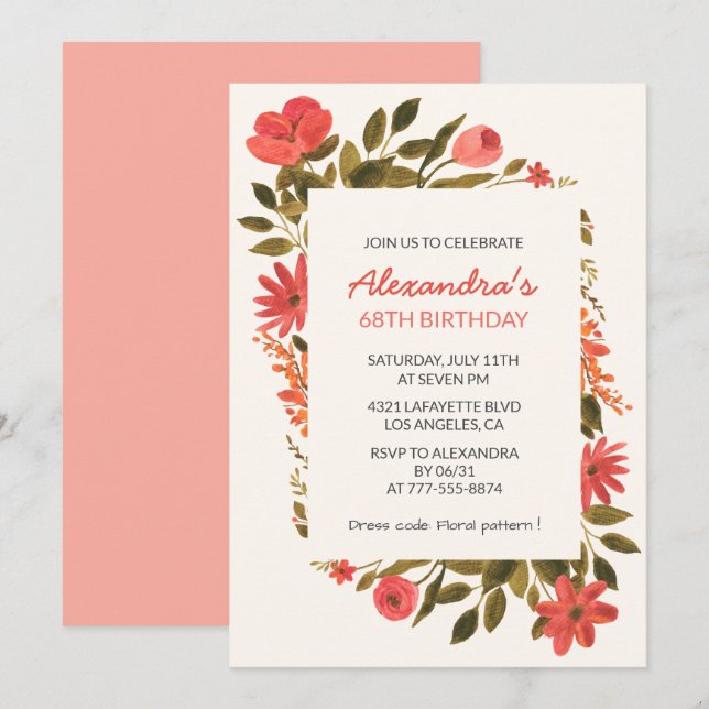Floral 68th birthday invitations Boho Elegant (Front/Back)