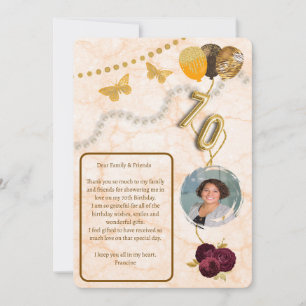 Floral 70th Birthday & Gold Foil Balloon & Message Invitation