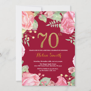 Floral 70th Birthday Gold Glitter Burgundy Red Invitation