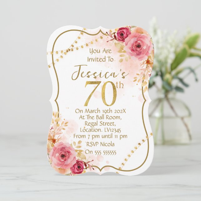 Floral 70th Birthday Invitation (Standing Front)