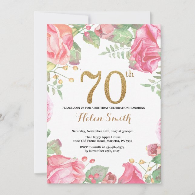 Floral 70th Birthday Invitation Gold Glitter (Front)