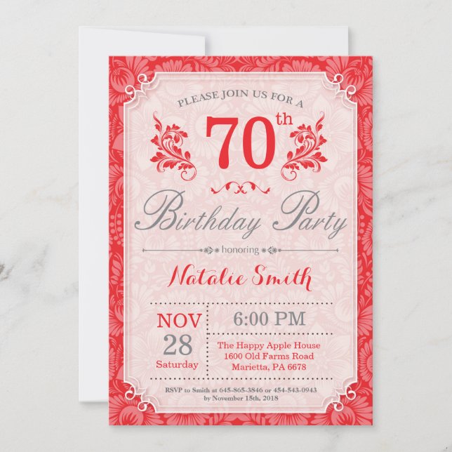 Floral 70th Birthday Invitation Red for Women (Front)
