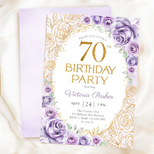 Floral 70th Birthday Lilac Purple Gold Invitation