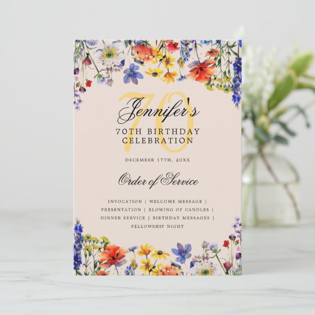 Floral 70th Birthday Party Program Menu Champagne (Standing Front)