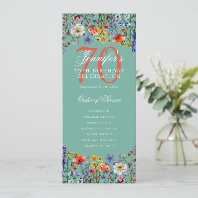 Floral 70th Birthday Party Program Menu Teal  (Standing Front)