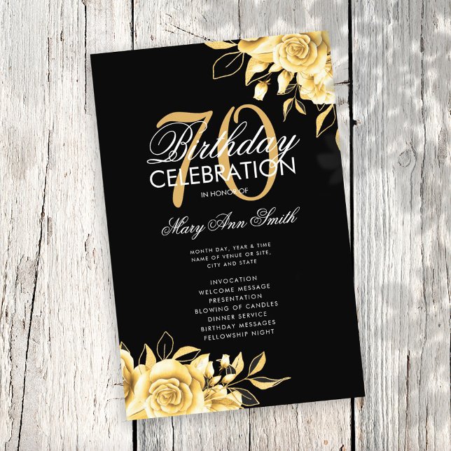 Floral 70th Birthday Program Gold & Black w/ Menu (Creator Uploaded)