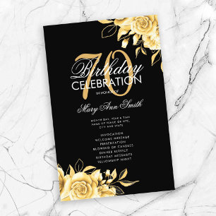 Floral 70th Birthday Program Gold & Black w/ Menu