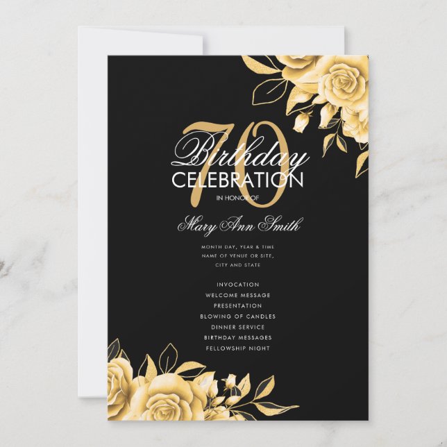 Floral 70th Birthday Program Gold & Black w/ Menu (Front)