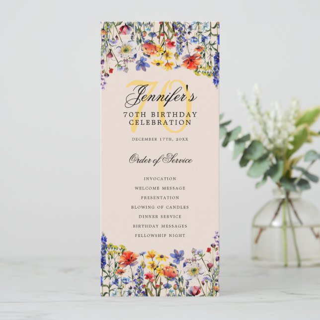 Floral 70th Birthday Program Menu Thanks Champagne (Standing Front)