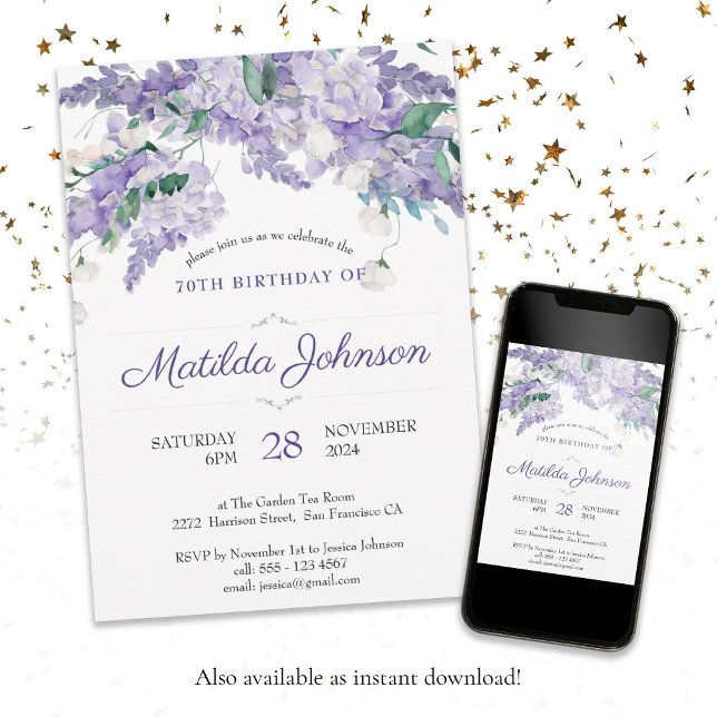 Floral 70th Birthday Purple Watercolor Elegant Invitation (Floral 70th Birthday Purple Watercolor Elegant Invitation)