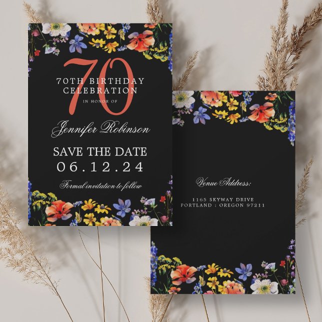 Floral 70th Birthday Save the Date Black  Invitation (Floral 70th Birthday Save the Date Black Invitation)