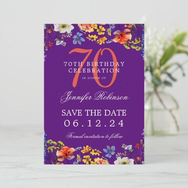 Floral 70th Birthday Save the Date Purple  Invitation (Standing Front)