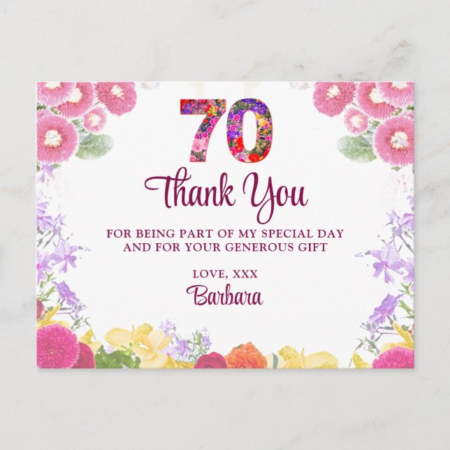 Floral 70th birthday thank you card 70 flower chic (Front)