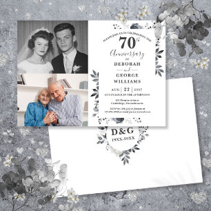 Floral 70th Wedding Anniversary Then & Now 2 Photo Invitation