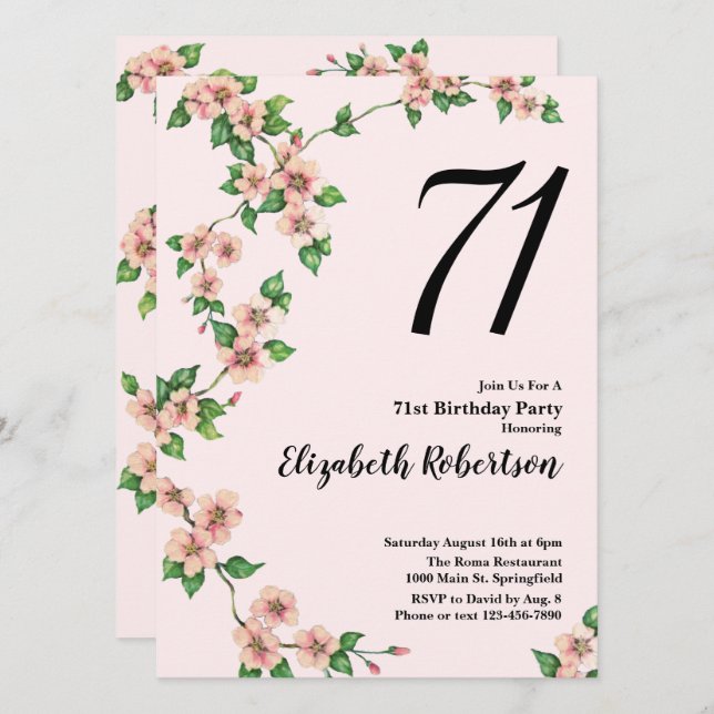Floral 71st Birthday Invitation in Blush Pink (Front/Back)