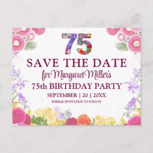Floral 75th Birthday Save the Date Elegant Announcement Postcard