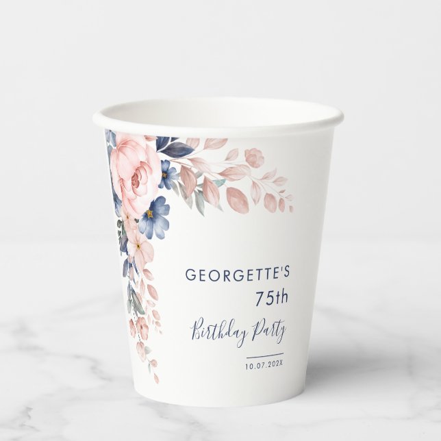 Floral 75th Elegant Birthday Party Paper Cups (Front)