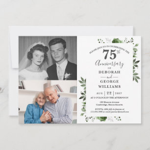 Floral 75th Wedding Anniversary Then & Now 2 Photo Invitation