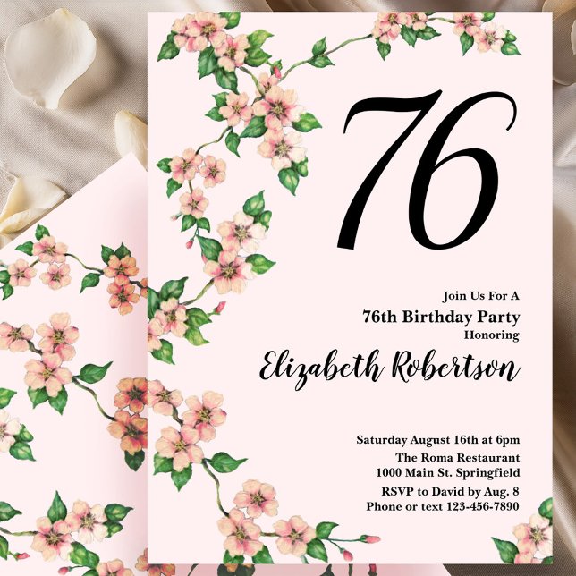 Floral 76th Birthday Invitation in Blush Pink (Creator Uploaded)