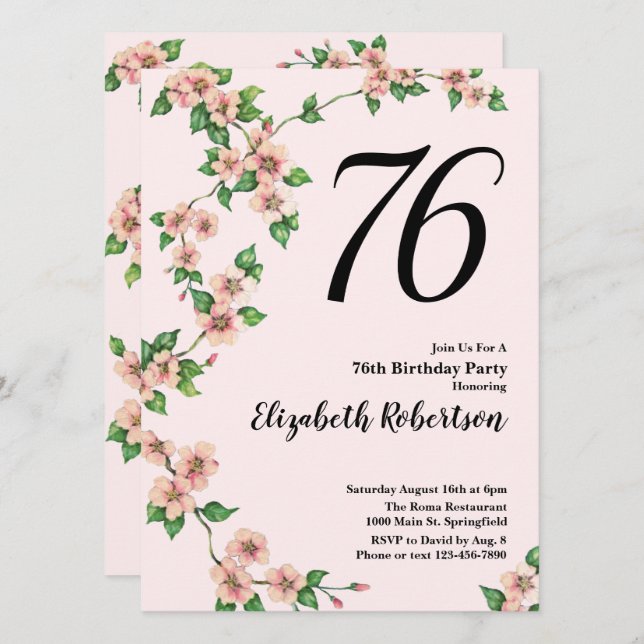 Floral 76th Birthday Invitation in Blush Pink (Front/Back)