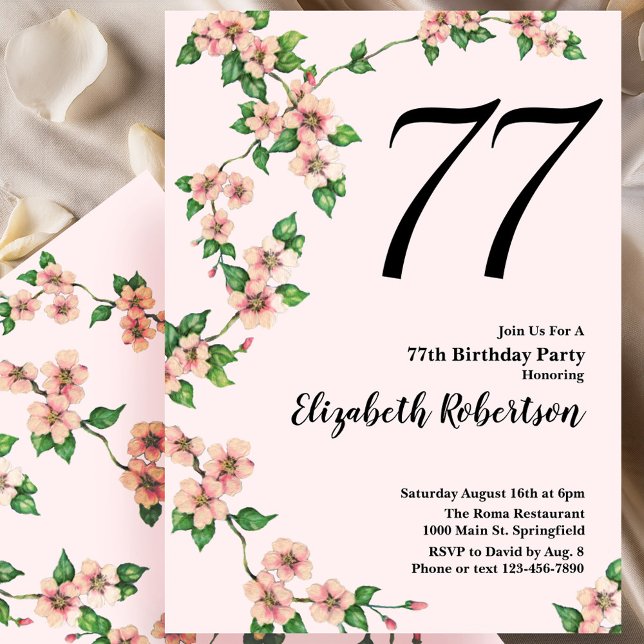 Floral 77th Birthday Invitation in Blush Pink (Creator Uploaded)