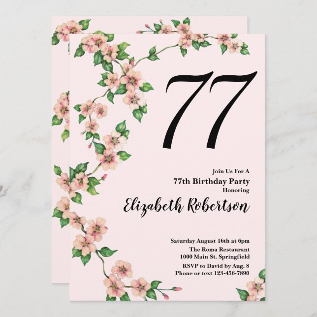 Floral 77th Birthday Invitation in Blush Pink (Front/Back)
