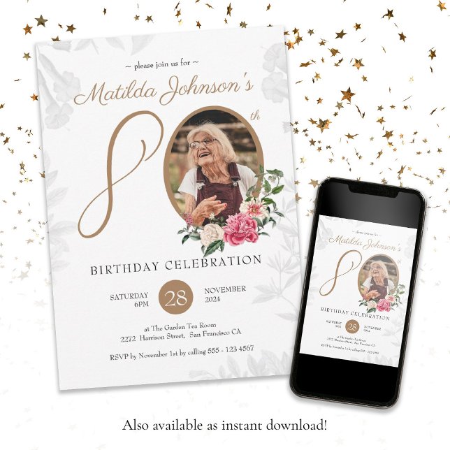 Floral 80th Birthday Black Gold Botanical Photo Invitation (Floral 80th Birthday Black Gold Botanical Photo Invitation)