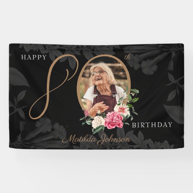 Floral 80th Birthday Black Gold Chic Custom Photo Banner (Horizontal)