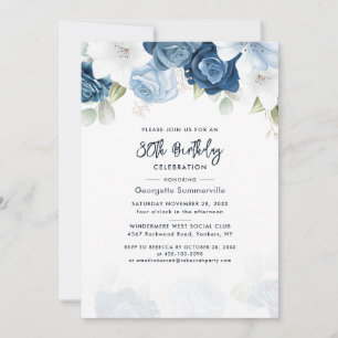 Floral 80th Birthday Dusty Blue Script Party Invitation