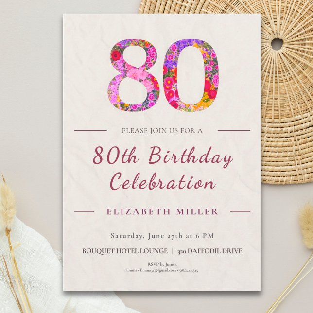 Floral 80th Birthday - Elegant Celebration Invitation (Creator Uploaded)