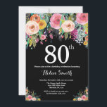 Floral 80th Birthday Invitation<br><div class="desc">Floral 80th Birthday Invitation for Women. Watercolor Floral Flower. Black Chalkboard Background. Pink,  Yellow,  Orange,  Purple Flower. Adult Birthday. For further customisation,  please click the "Customise it" button and use our design tool to modify this template.</div>