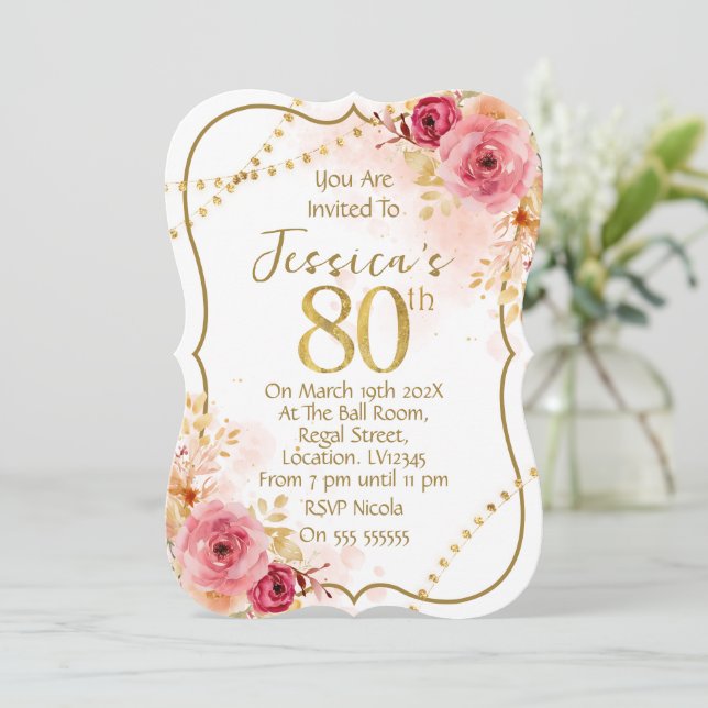 Floral 80th Birthday Invitation (Standing Front)