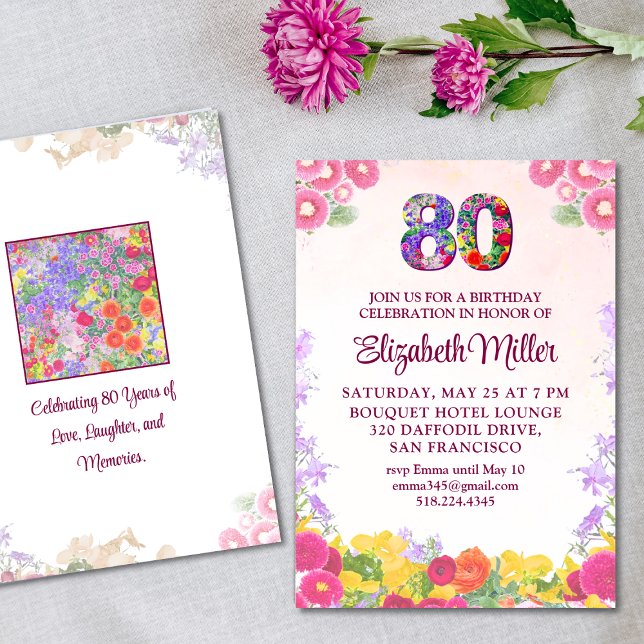 Floral 80th birthday invitation 80 elegant card (Creator Uploaded)
