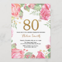 Floral 80th Birthday Invitation Gold Glitter
