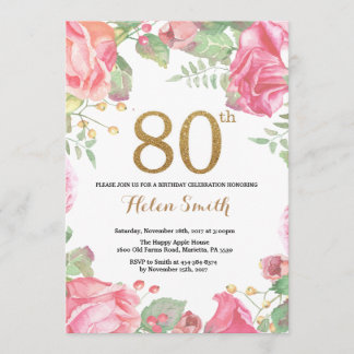 Floral 80th Birthday Invitation Gold Glitter