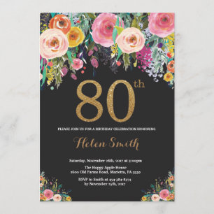Floral 80th Birthday Invitation Gold Glitter