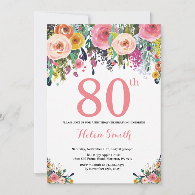 Floral 80th Birthday Invitation Pink (Front)