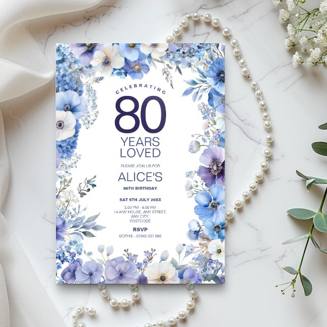 Floral 80th Birthday Invite, Blue & Purple Flowers Invitation (Creator Uploaded)
