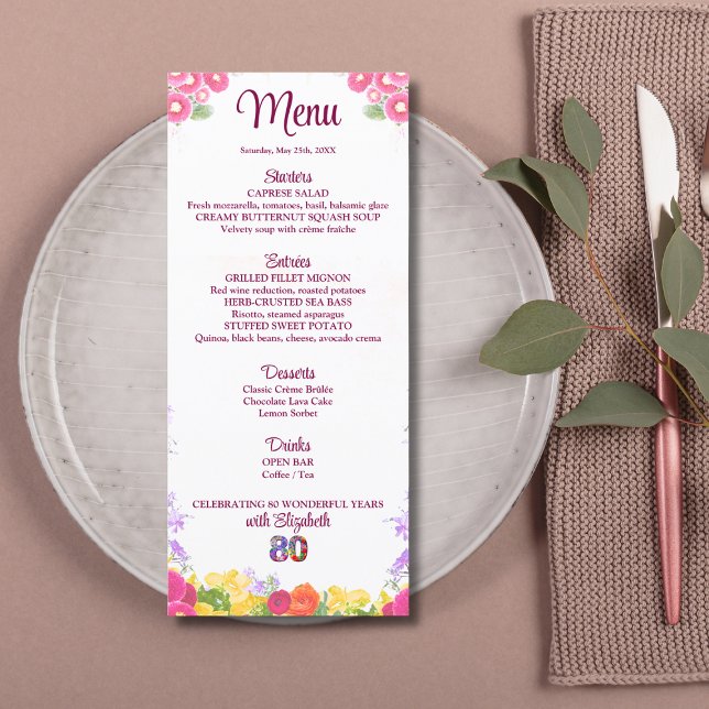 Floral 80th Birthday Menu Card elegant 80 years  (Creator Uploaded)