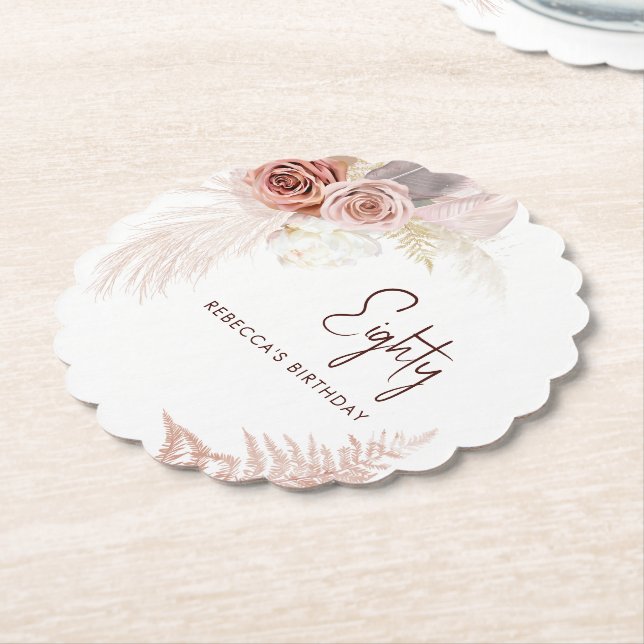 Floral 80th Birthday Pampas Grass Party Paper Coaster (Angled)