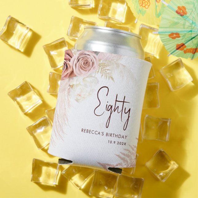 Floral 80th Birthday Pampas Grass Personalised Can Cooler (In Situ Summer)