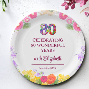Floral 80th birthday party 80 years flower pattern paper plate