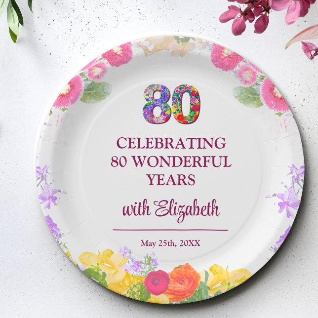 Floral 80th birthday party 80 years flower pattern paper plate (Creator Uploaded)