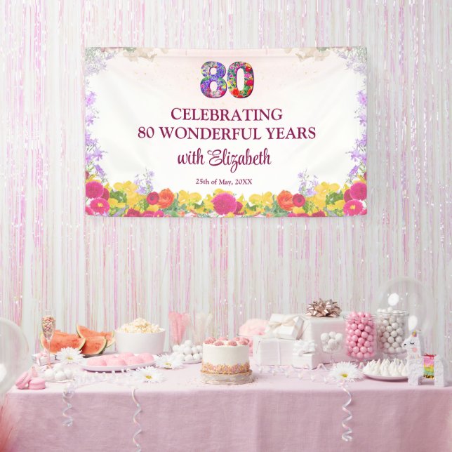 Floral 80th birthday party banner 80 years elegant (Party)