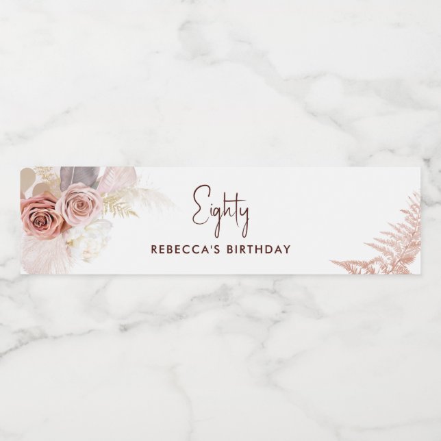 Floral 80th Birthday Party Pampas Grass Water Bottle Label (Single Label)