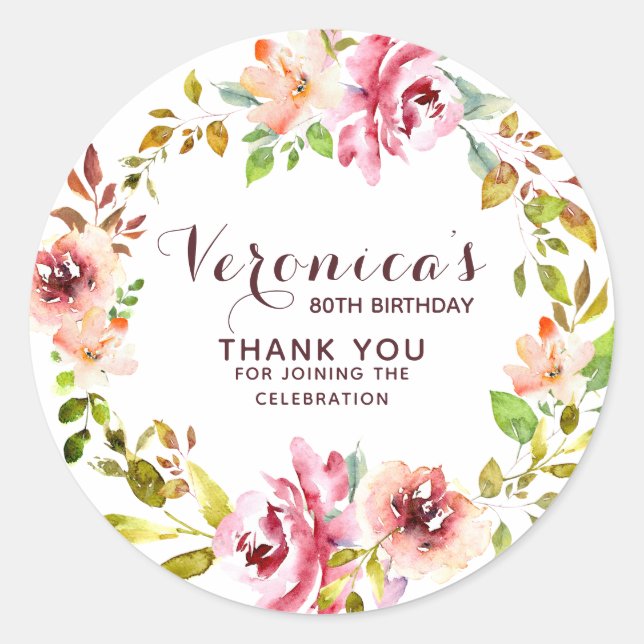 Floral | 80th Birthday Plum Thank You Classic Round Sticker (Front)