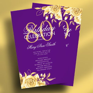 Floral 80th Birthday Program Gold & Purple w/ Menu