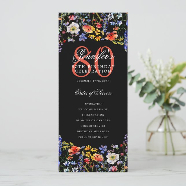 Floral 80th Birthday Program Menu Thank You Black (Standing Front)