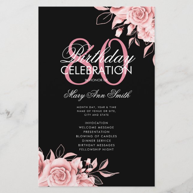 Floral 80th Birthday Program Rose Gold Black Menu (Front)