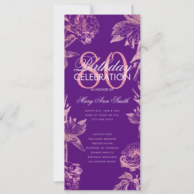 Floral 80th Birthday Program Rose Gold Purple Menu (Front)